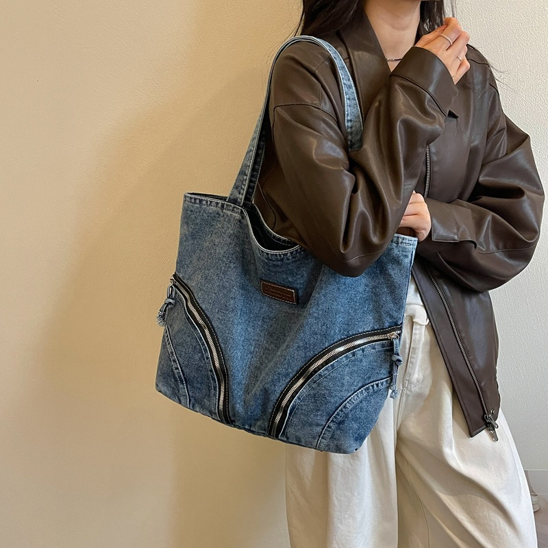 Women Bags Zip - Damen Denim-Tragetasche, gewaschene Schultertasche, Vintage-Freizeithandtasche für